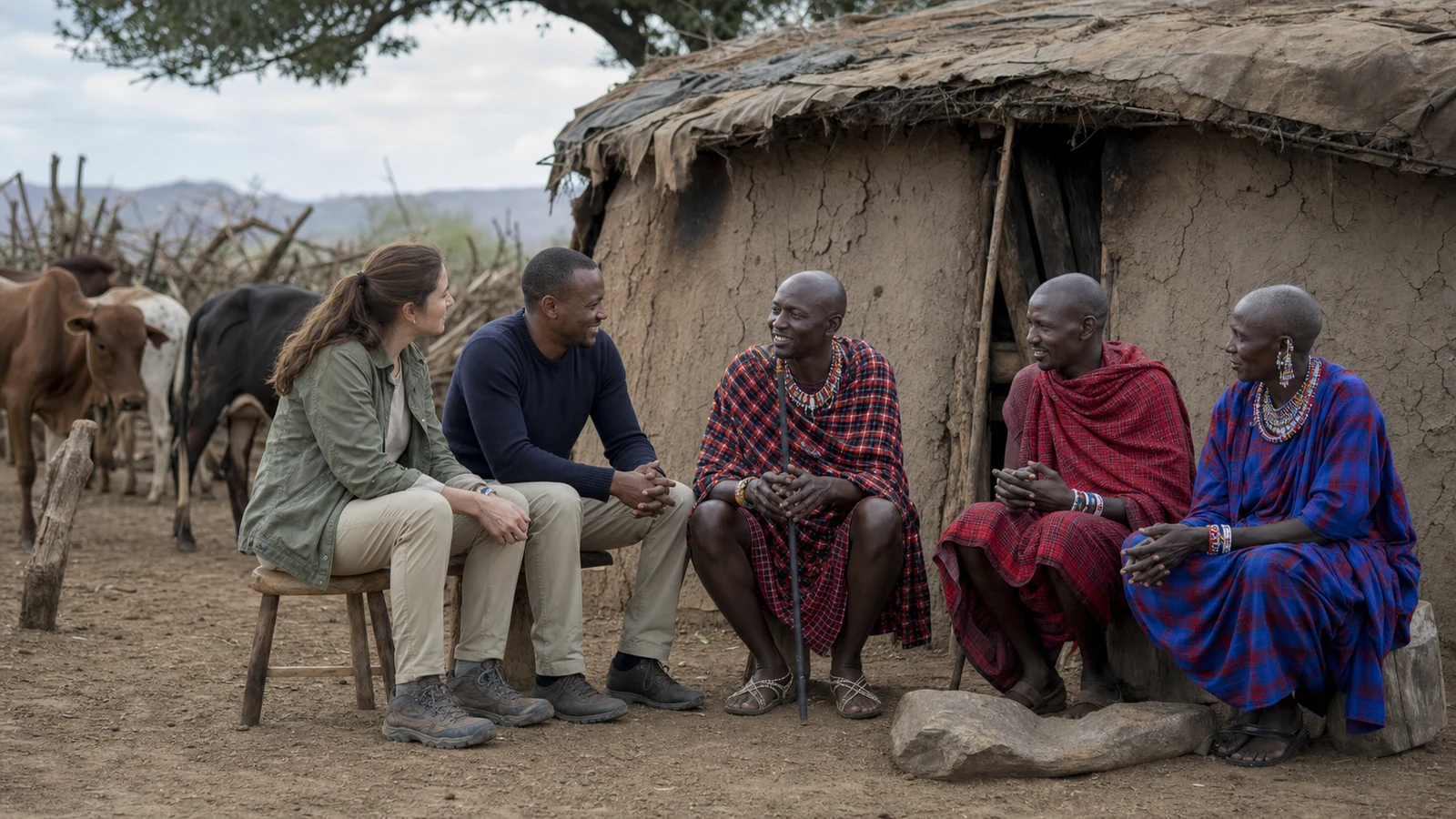 Maasai hosts and visitors sharing a conversation beside a Kenyan boma