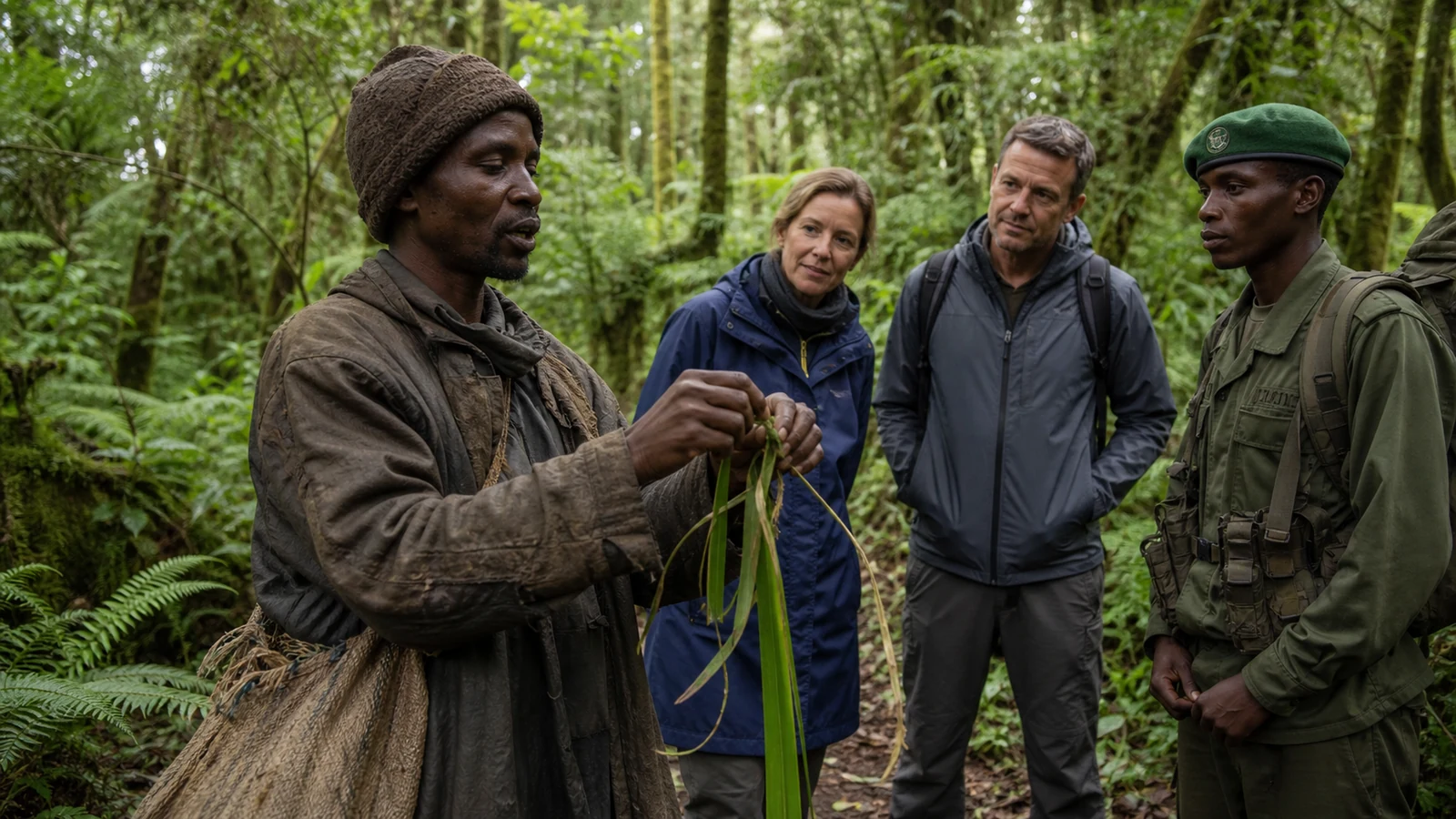 Batwa guide demonstrating traditional forest skills on the Mgahinga trail