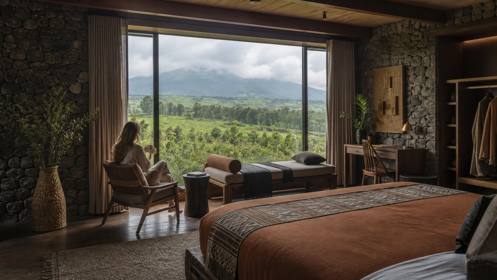 Contemporary volcanic-stone lodge interior overlooking Rwanda's highlands