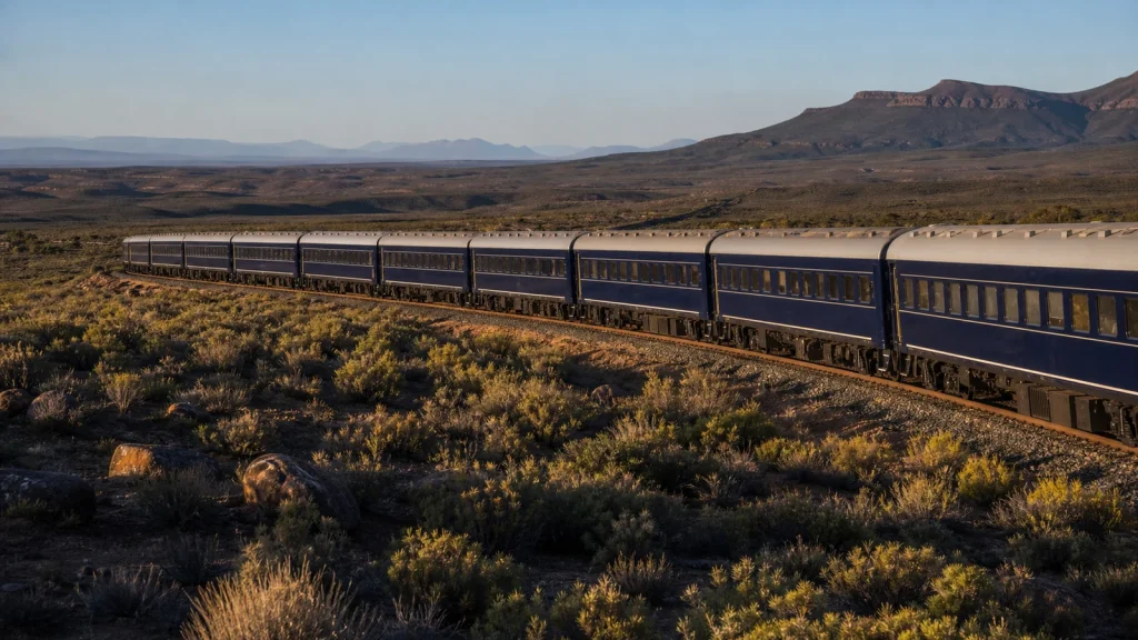 Luxury passenger train crossing South Africa's Karoo landscape