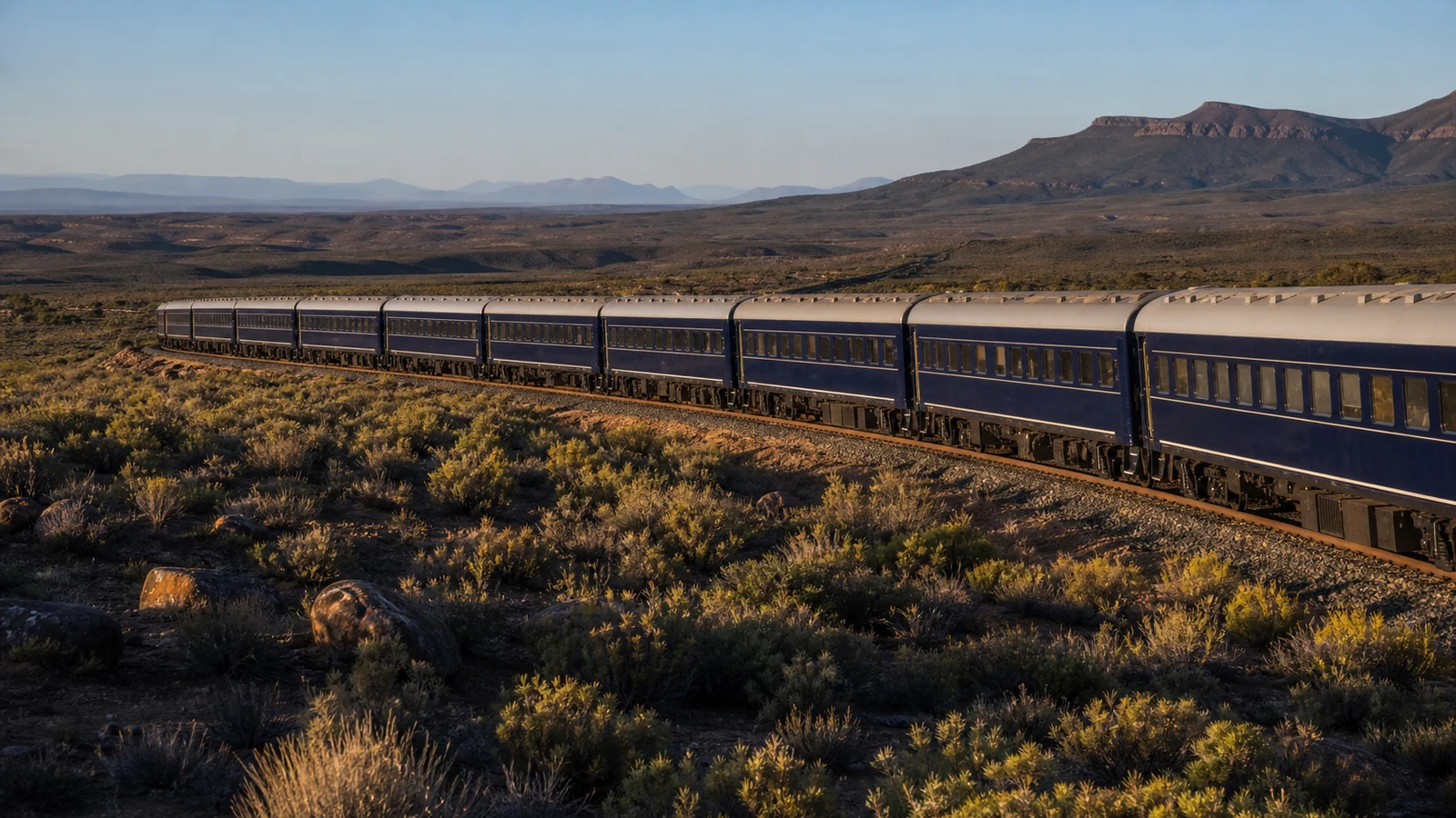 Luxury passenger train crossing South Africa's Karoo landscape