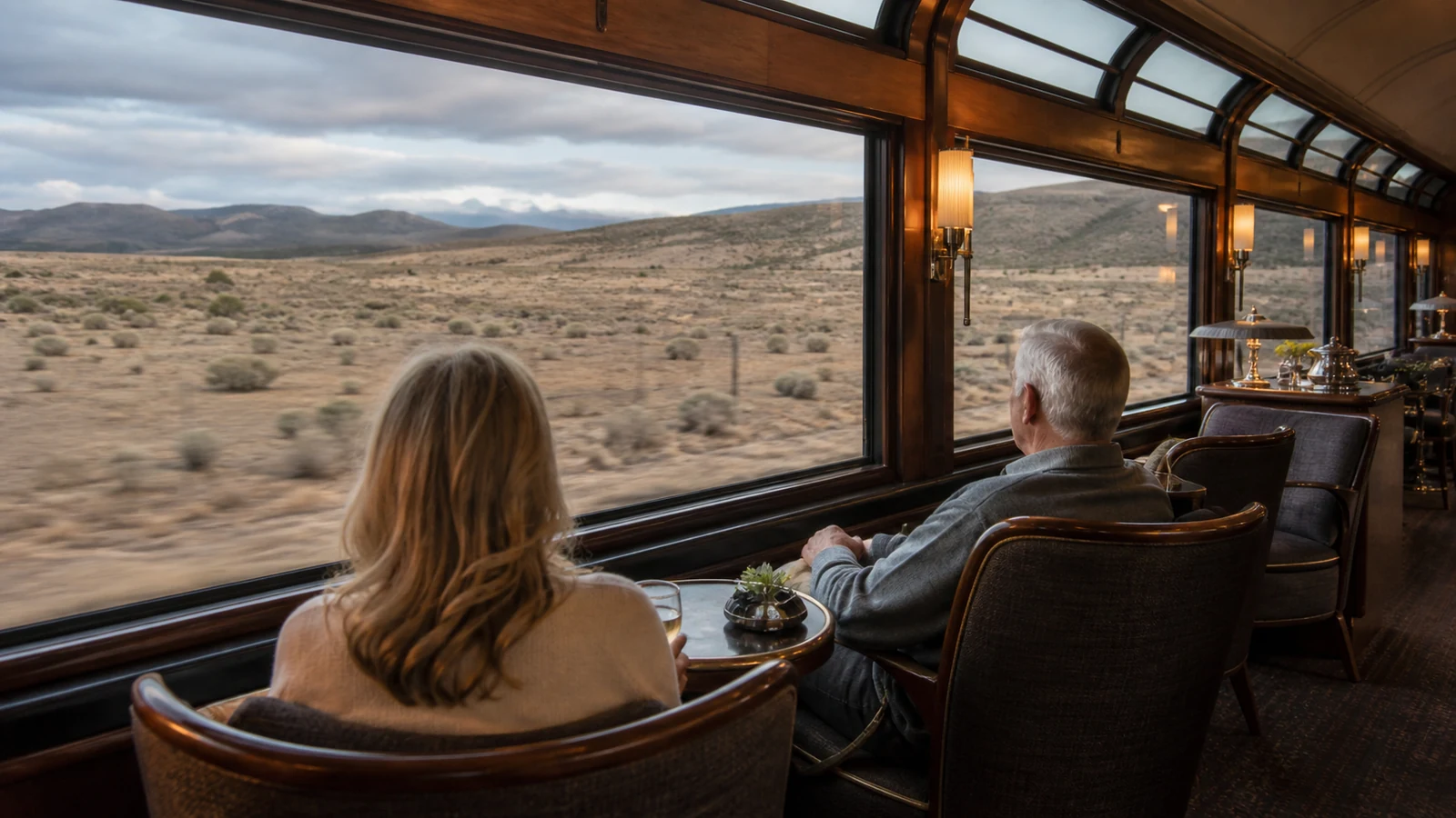 Elegant observation lounge overlooking the Karoo from a luxury train