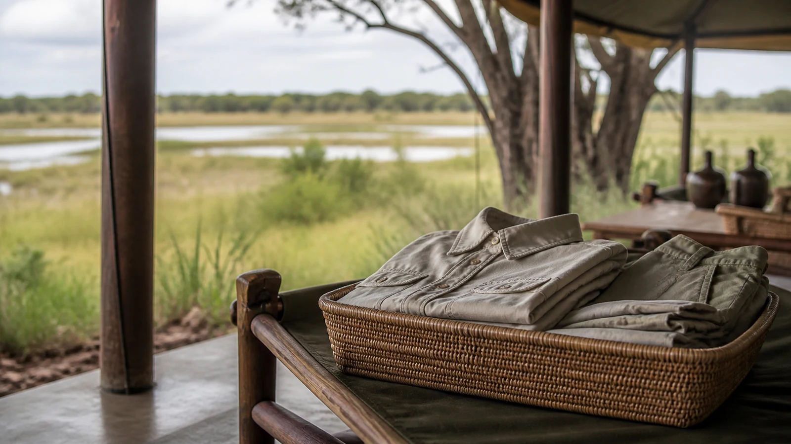 Freshly laundered neutral safari clothing folded at a Botswana camp
