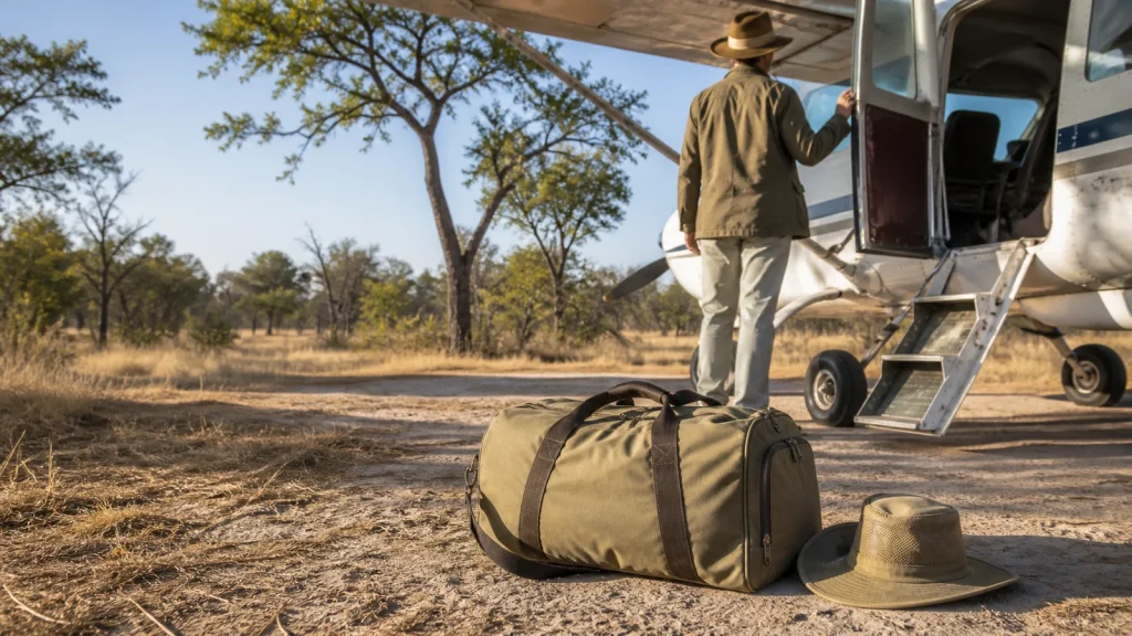 Soft safari duffel beside a light aircraft at a Botswana bush airstrip
