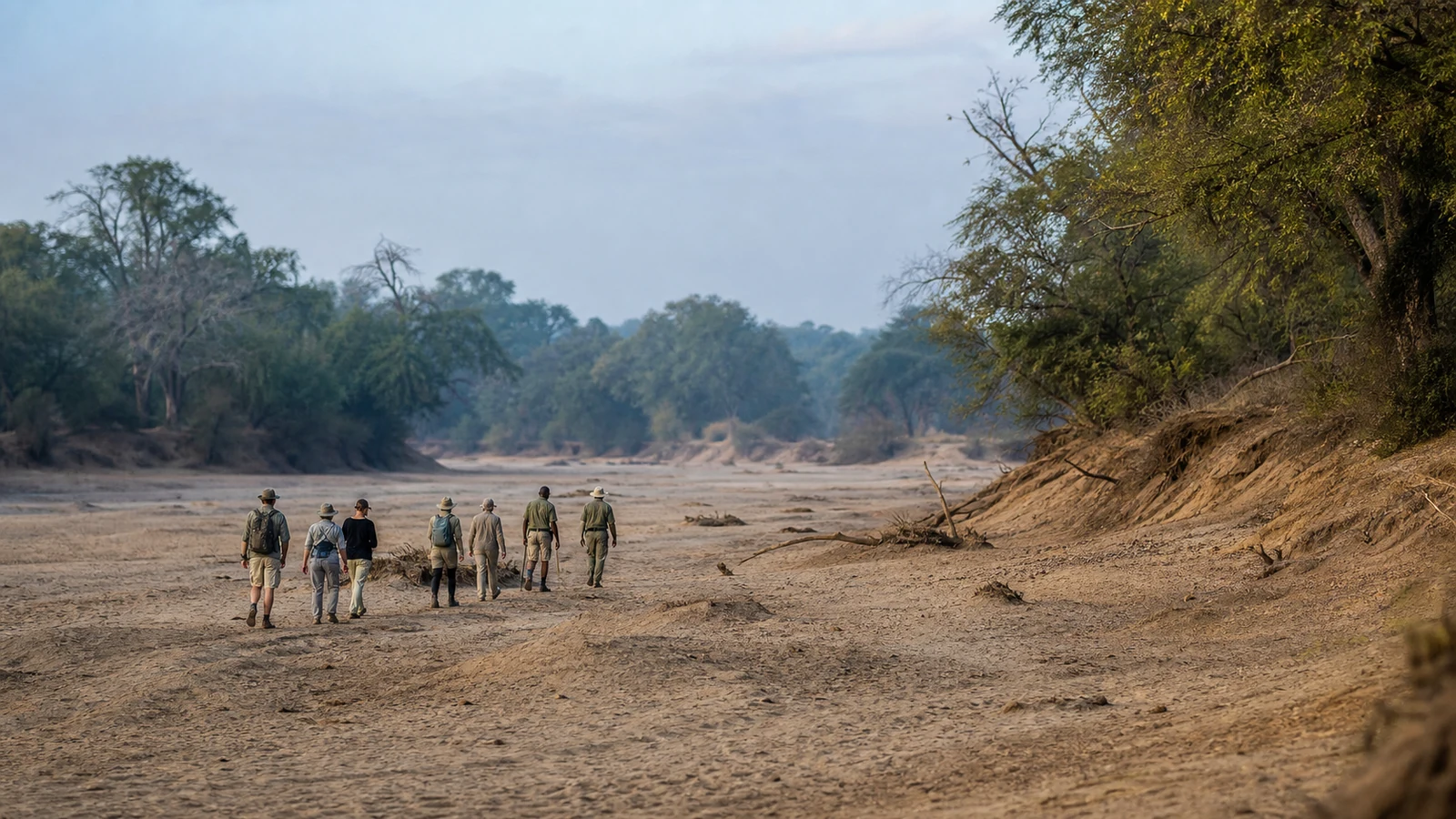 Walking safari group traveling between bushcamps in South Luangwa