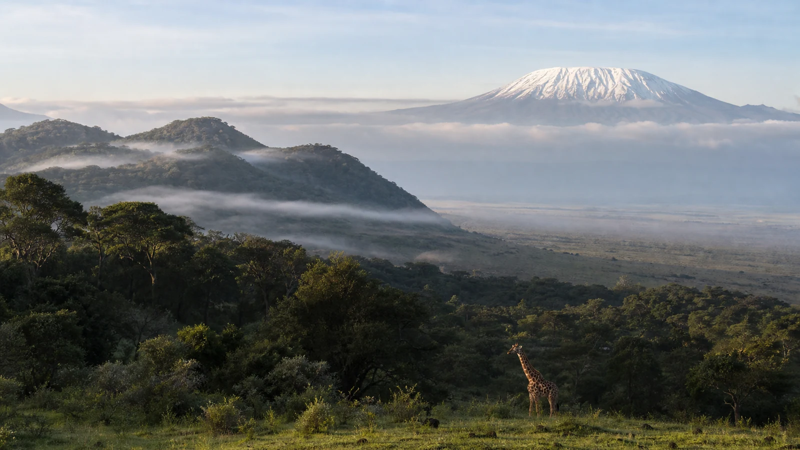 Green Chyulu Hills with Mount Kilimanjaro visible on the horizon