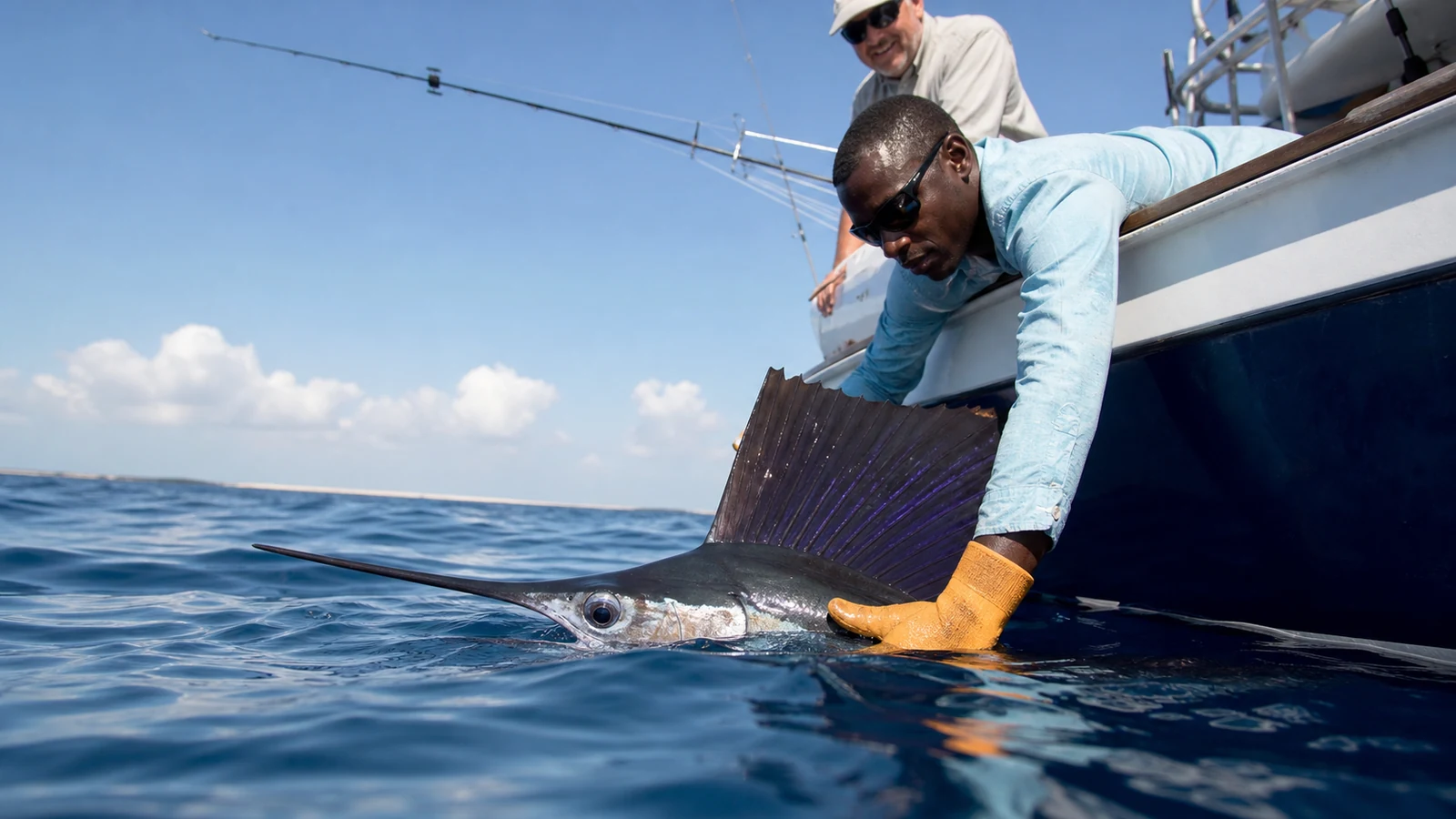 Angler releasing a sailfish beside a boat in Mozambique