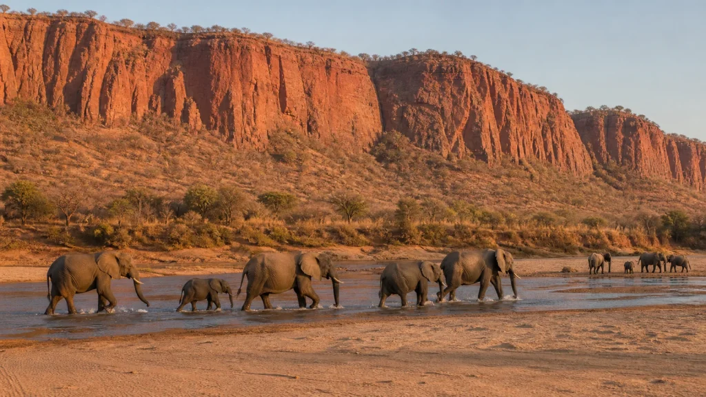 Elephants beneath the red Chilojo Cliffs in Gonarezhou National Park