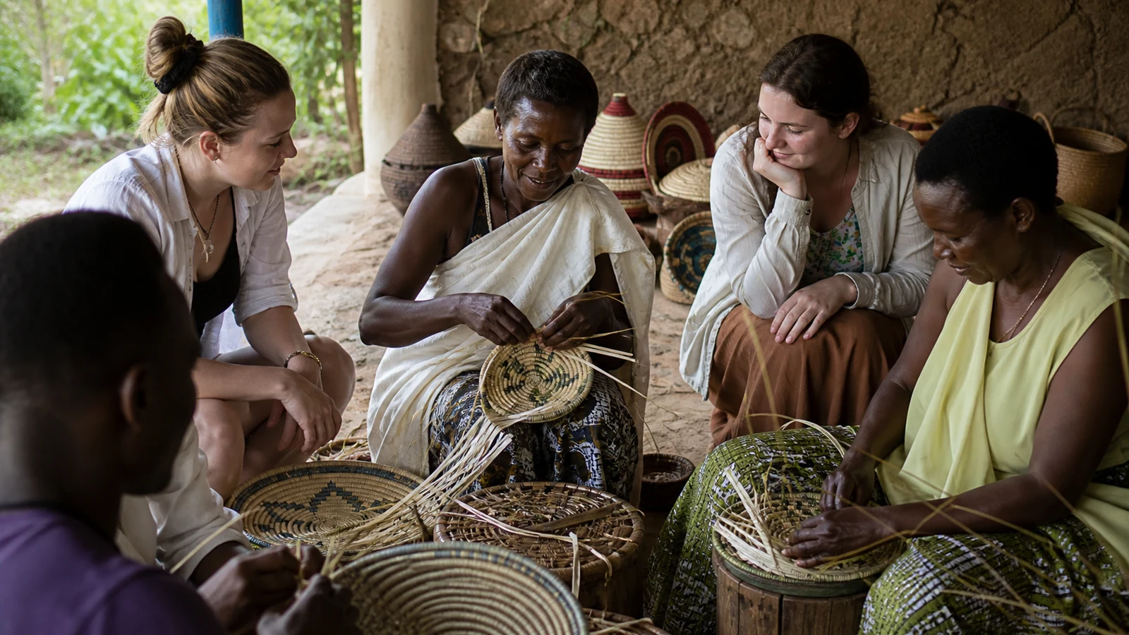Community members teaching traditional craft skills in rural Rwanda