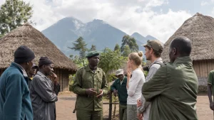 Community guides welcoming visitors at a cultural village in Rwanda
