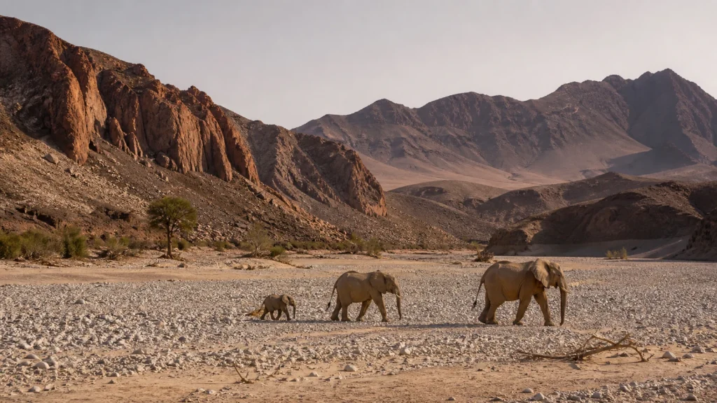 Desert-adapted elephants crossing the Hoanib River valley