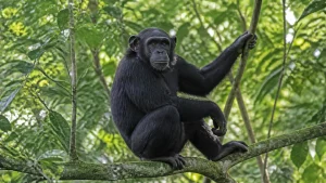 Wild chimpanzee in the rainforest of Mahale Mountains National Park