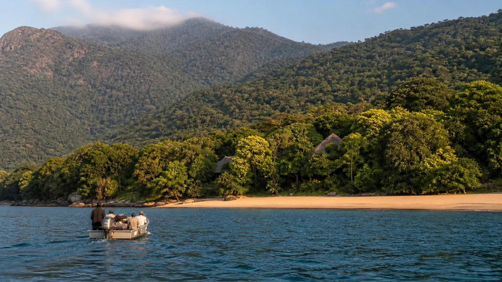 Boat approaching a remote beach beneath the Mahale Mountains